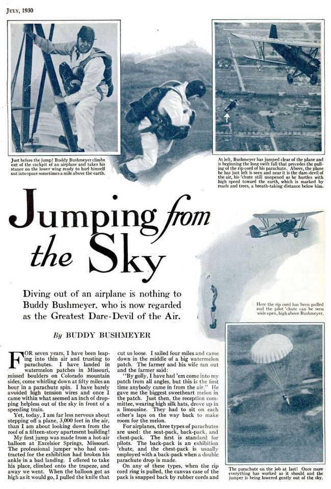 Popular science - Article sur le saut en parachute, juillet 1930, Popular science