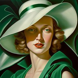Belle Femme en robe verte avec un chapeau blanc