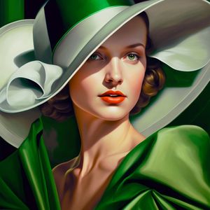 Belle Femme en robe verte avec un chapeau blanc