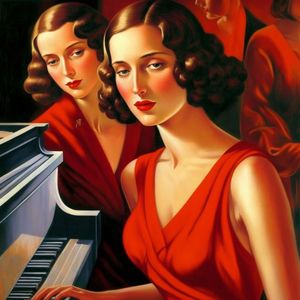 Femme en robe rouge au piano
