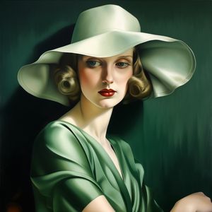 Tara de Lempicka - Belle femme en robe verte avec un chapeau blanc