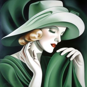 Tara de Lempicka - Belle femme en robe verte avec un chapeau blanc