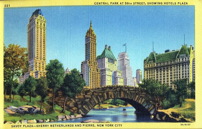 Carte postale de New-York - Central Park at 59th street showing hotel plaza. Savoy plaza, Sherry netherlands and Pierre