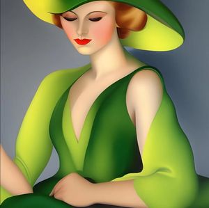 beautiful-young-woman-in-a-fancy-green-dress-with-a-big-white-hat-style-tamara-de-lempicka3
