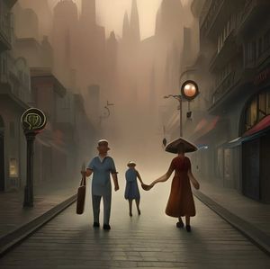 Old couple walking down a street